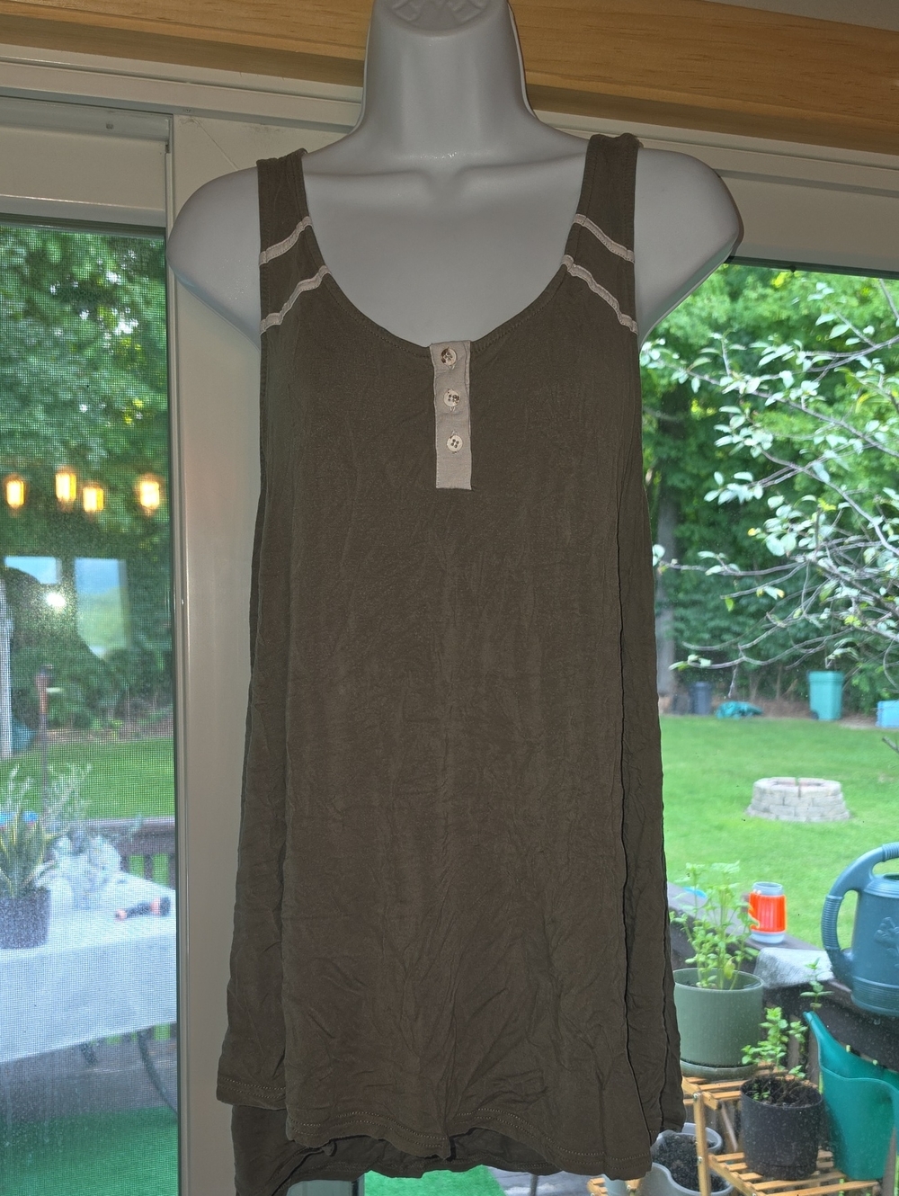 POL Olive Green Tank with Contrast Button Placket